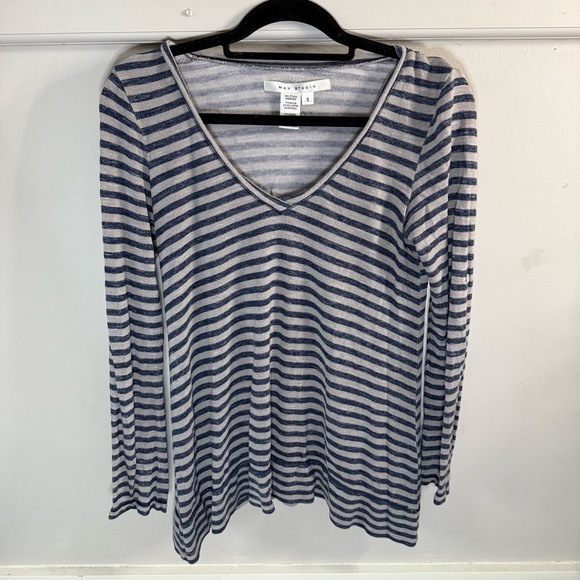 Max Studio Striped V-Neck Long Sleeve Top Asymmetrical Flowy - Picture 1 of 7